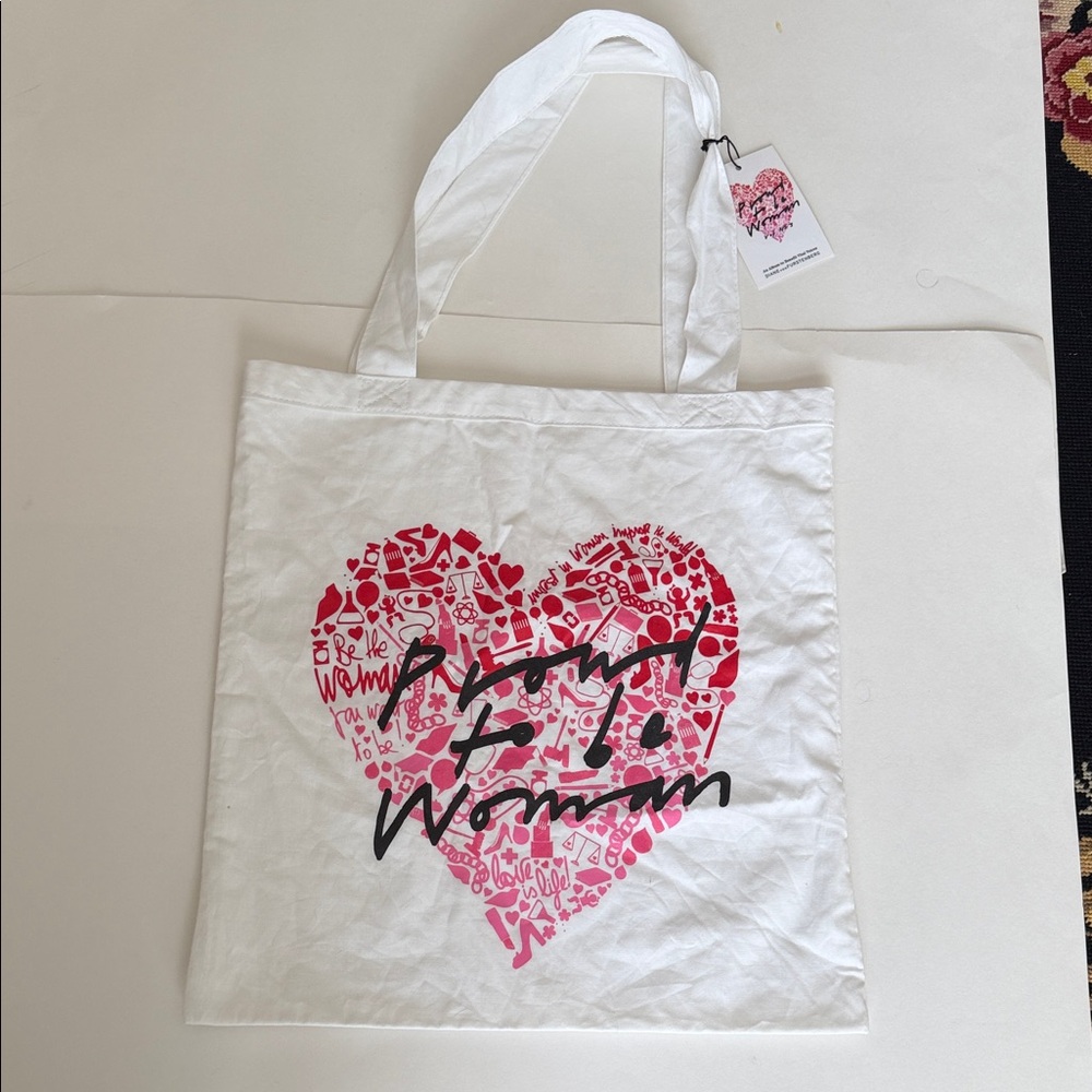 Diane Von Furstenberg Proud to be Woman White Tote with Pink Heart Design
